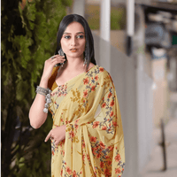 Yellow abstract saree glowing in golden hour – wearable modern art