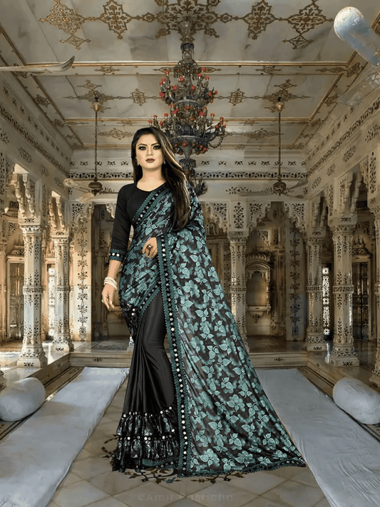 Green Lycra office saree - wrinkle-free stretchable workwear with unstitched blouse piece