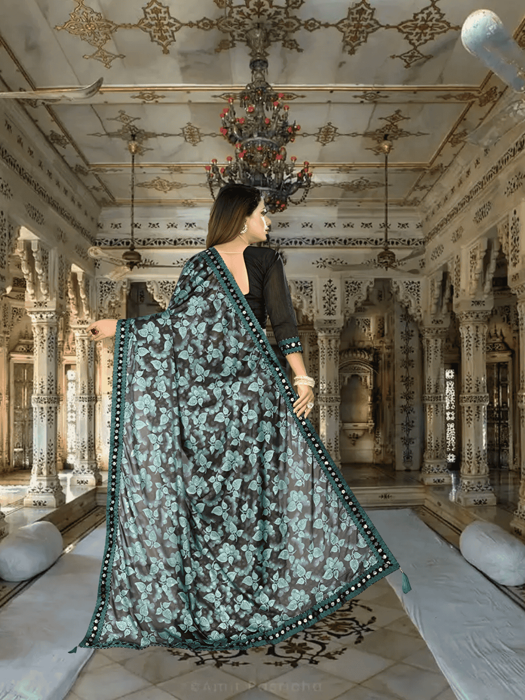 Professional woman wearing green Lycra office saree - no ironing needed for busy workdays