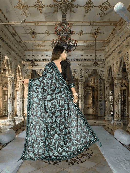 Professional woman wearing green Lycra office saree - no ironing needed for busy workdays