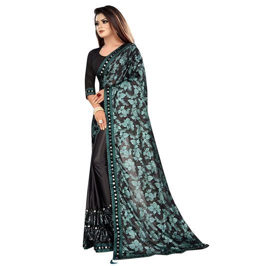 Close-up of premium Lycra fabric - wrinkle-resistant green office saree material