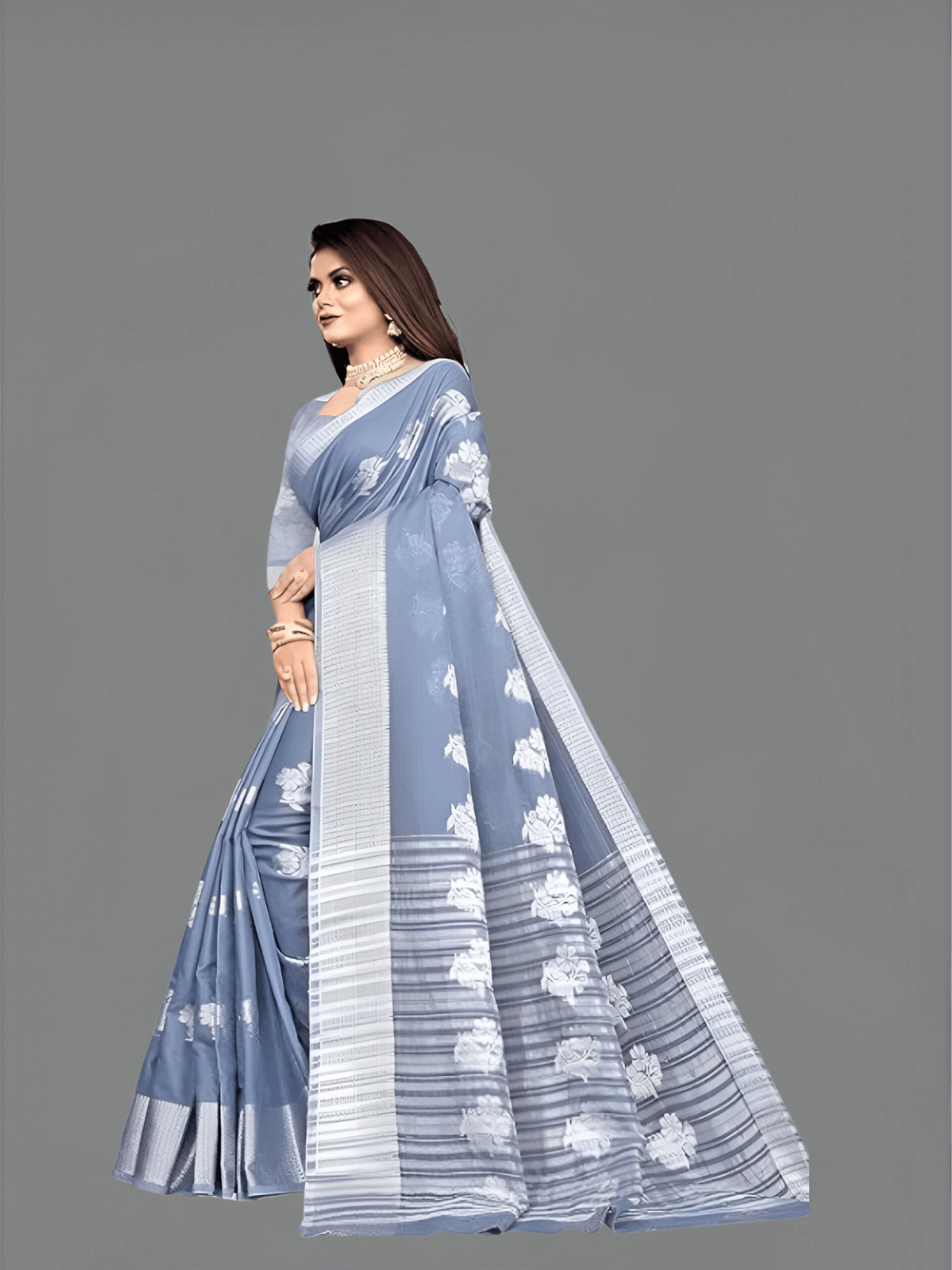 Intricate work on grey cotton silk saree border