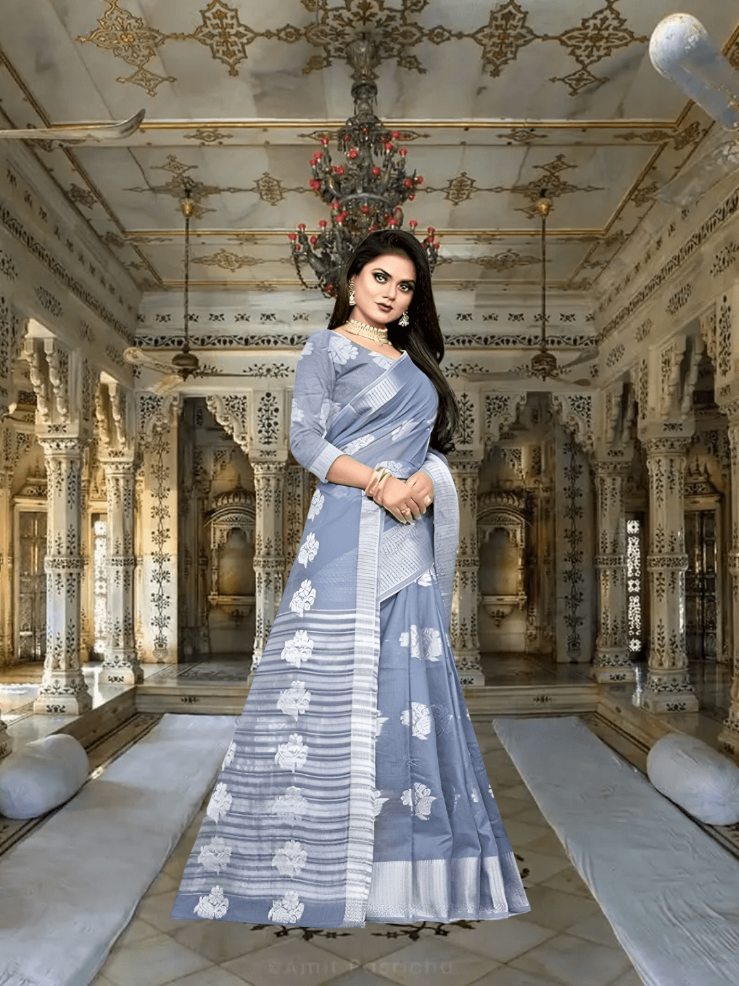 Elegant grey cotton silk saree with   border for wedding guests