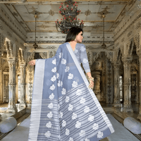 Elegant grey cotton silk saree with border for wedding guests