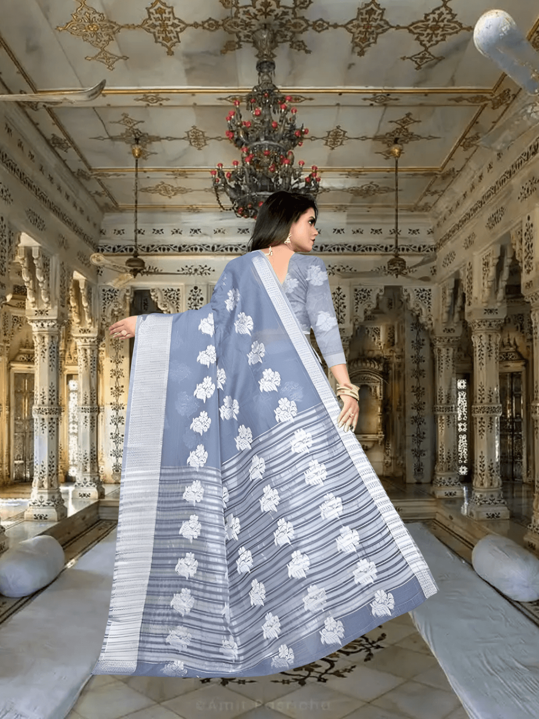 Elegant grey cotton silk saree with border for wedding guests