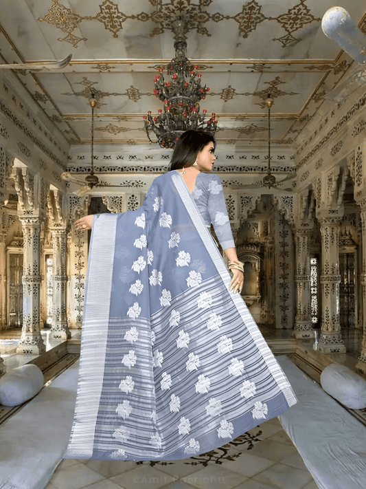 Elegant grey cotton silk saree with border for wedding guests