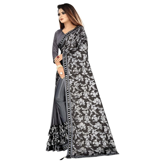 Professional woman wearing grey lycra office saree - no ironing needed