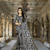 Grey lycra office saree - wrinkle-free stretchable saree with blouse piece