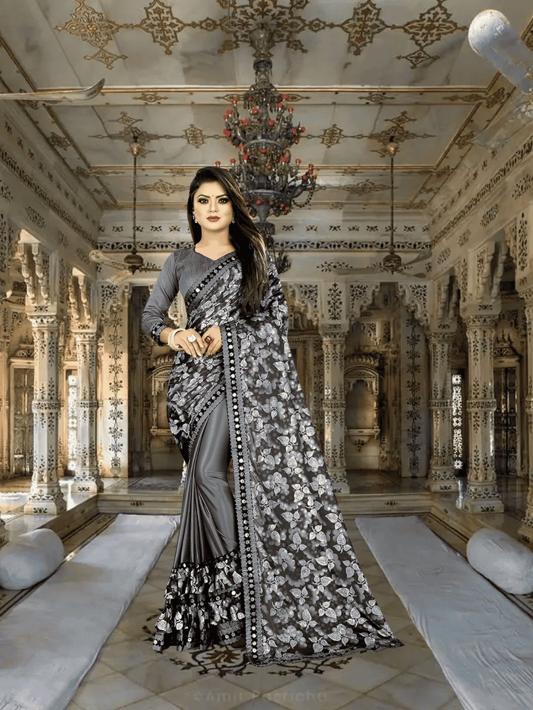 Grey lycra office saree - wrinkle-free stretchable saree with blouse piece