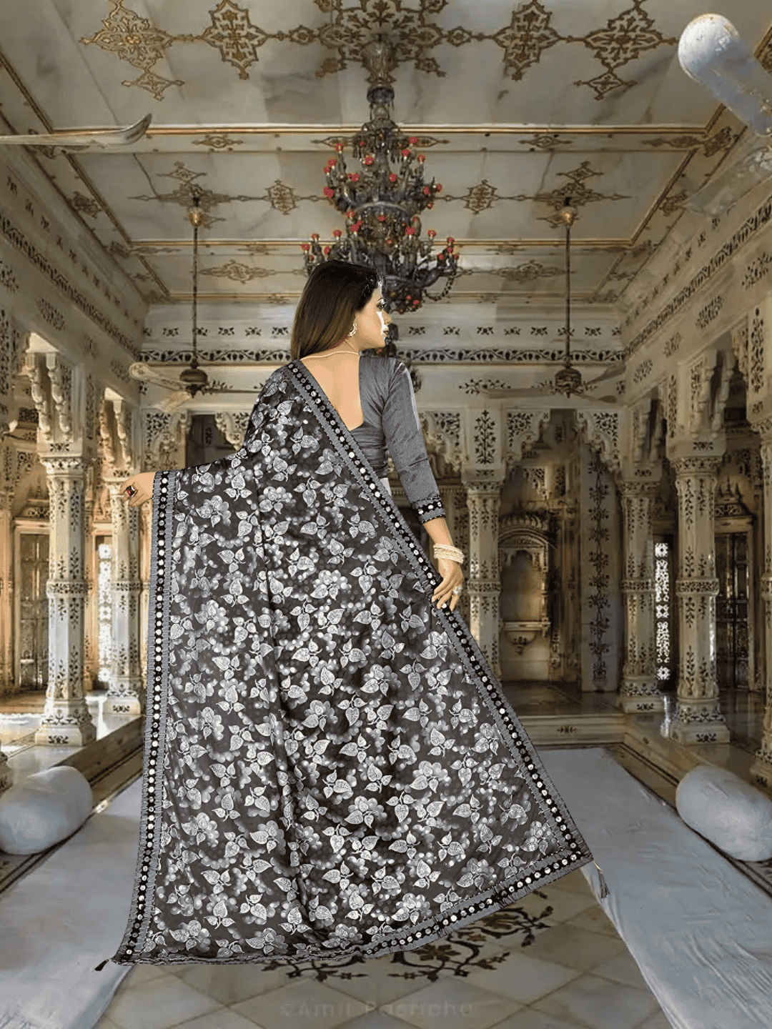 Professional woman wearing grey lycra office saree - no ironing needed