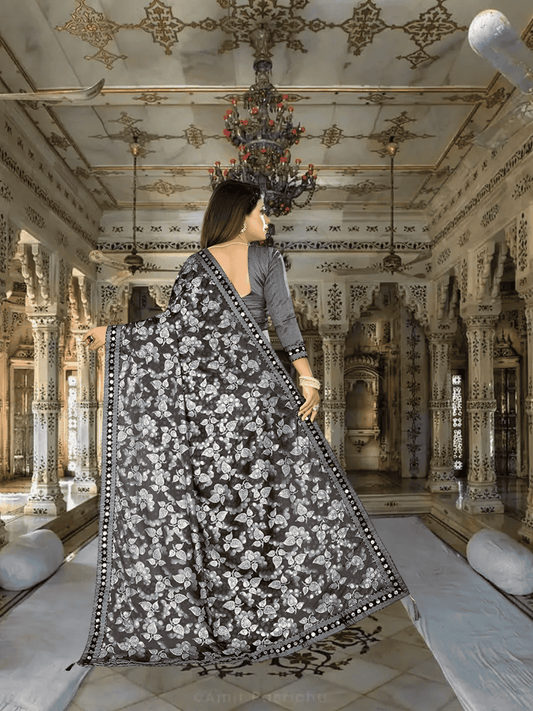 Professional woman wearing grey lycra office saree - no ironing needed