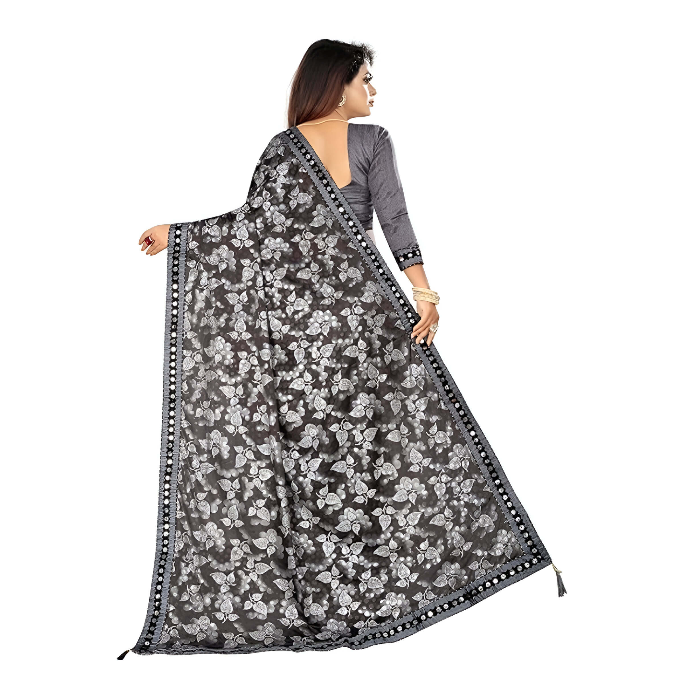 Grey lycra office saree - wrinkle-free stretchable saree with blouse piece