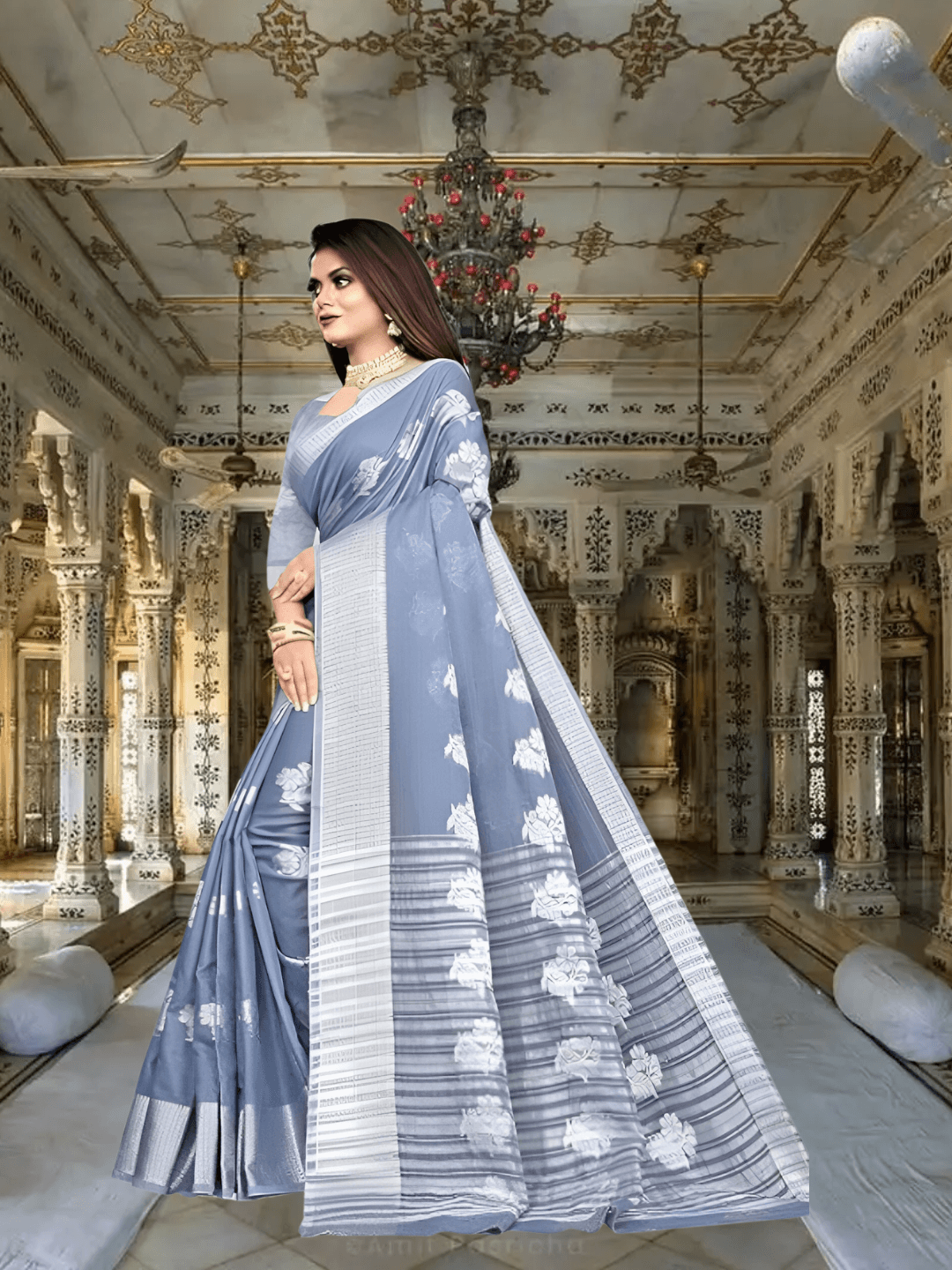 Intricate work on grey cotton silk saree border