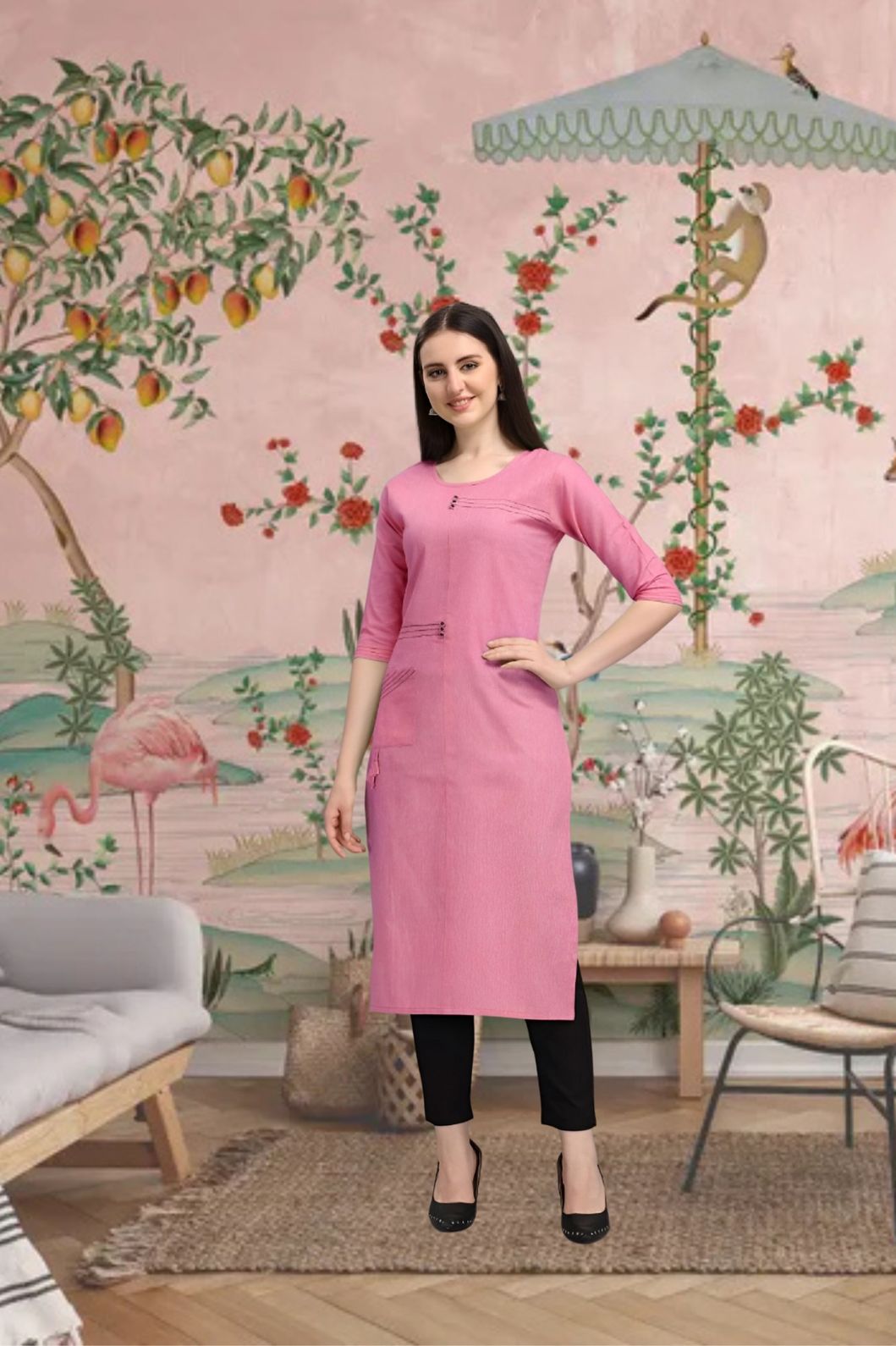  Front view of pink cotton straight kurti in elegant room