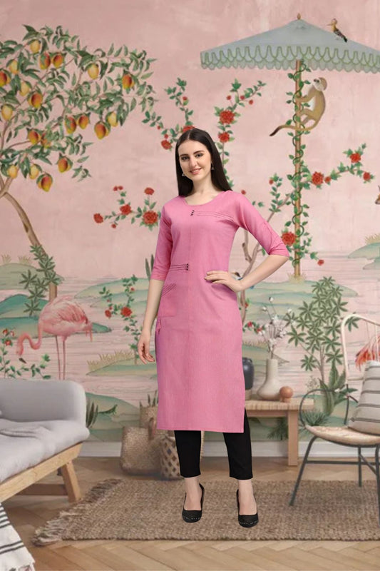  Front view of pink cotton straight kurti in elegant room