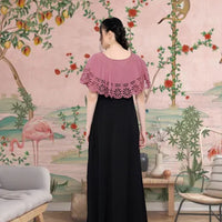 Back view of CELESTINA peach-black full-length crepe gown