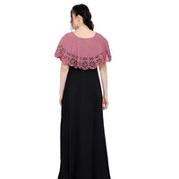 Back studio view of full-length dual-tone women’s gown