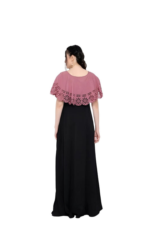Back studio view of full-length dual-tone women’s gown