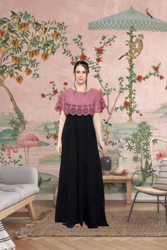  Front view of peach and black sleeveless gown in royal background