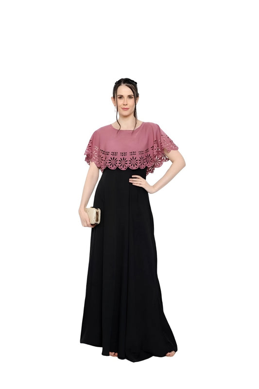 Studio front shot of sleeveless peach-black crepe gown