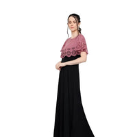 Studio right angle view of peach and black evening gown