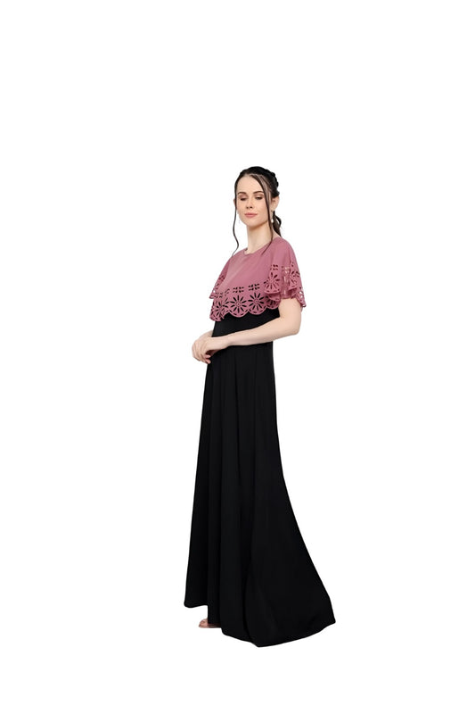  Studio right angle view of peach and black evening gown