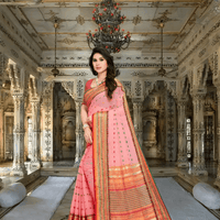 Detailed look of contrast border in light pink Kota Doria saree inside heritage-inspired room