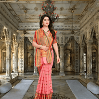 Light pink Kota Doria saree draped in standing pose with elegant contrast border in palace setting