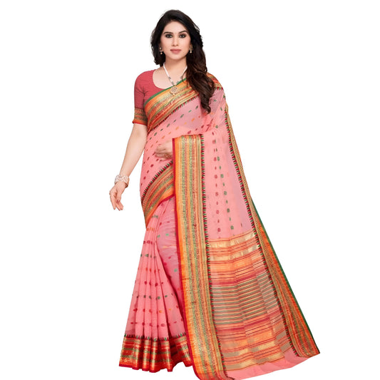 Full frontal view of light pink Kota Doria saree with contrast border on standing mannequin