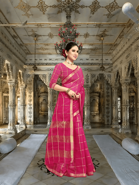 Close-up of blouse back design and pallu drape, red-pink harmony highlighted in traditional temple setting