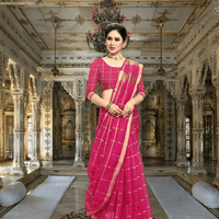 Model walking past heritage columns, saree flowing like prayer in motion, checkered pink gleaming under sunrays