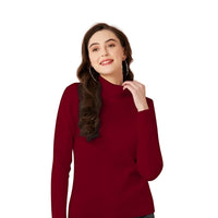 Studio front image of maroon high-neck full sleeve t-shirt
