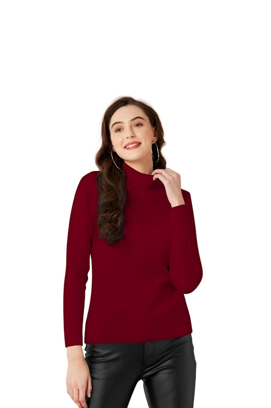 Studio front image of maroon high-neck full sleeve t-shirt