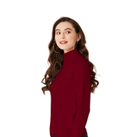 Right side studio pose of maroon high-neck tee