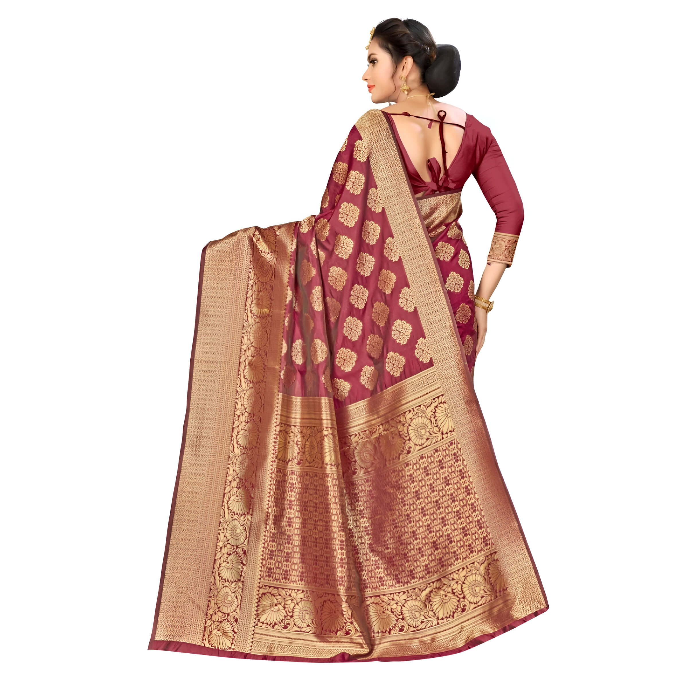Saree pallu fully opened to reveal gold zari detailing against white studio background