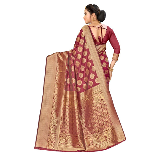 Saree pallu fully opened to reveal gold zari detailing against white studio background