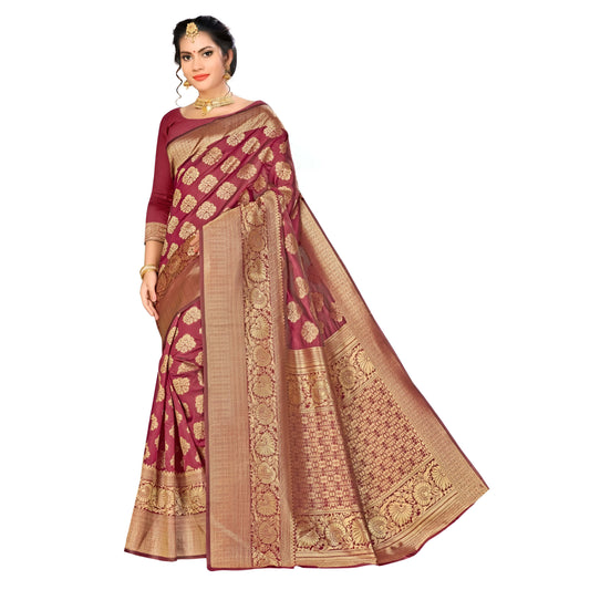 Studio close-up of pleated maroon saree showing intricate Banarasi weaving