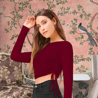 Right profile view of maroon CELESTINA round neck top