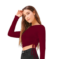 Right angle image of maroon full sleeve polyester top