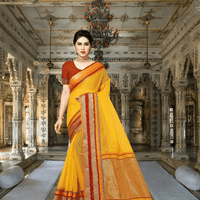 Model in palace doorway, saree catching afternoon glow, red border reflecting light