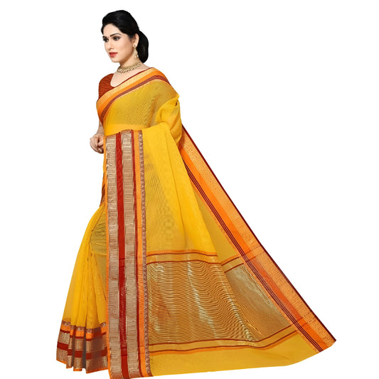 Yellow Kota Doria saree front view with red and gold bordered elegance