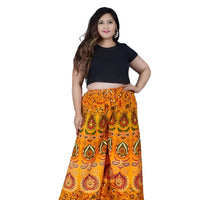 Studio front view of yellow printed cotton palazzo