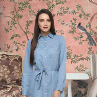 Front view of blue denim dress with rolled sleeves against wooden pier
