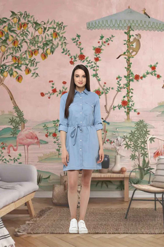  Front view of blue denim dress with rolled sleeves against wooden pier