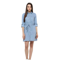 Classic denim dress isolated on white, front view