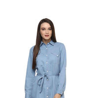 Classic denim dress isolated on white, front view