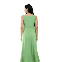 Back studio view of women’s green crepe full-length gown
