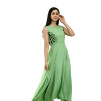  Left angle studio image of sleeveless solid gown in green