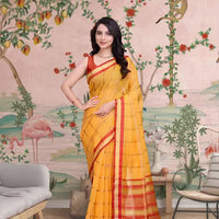  Front angle of yellow checkered saree glowing under palace light