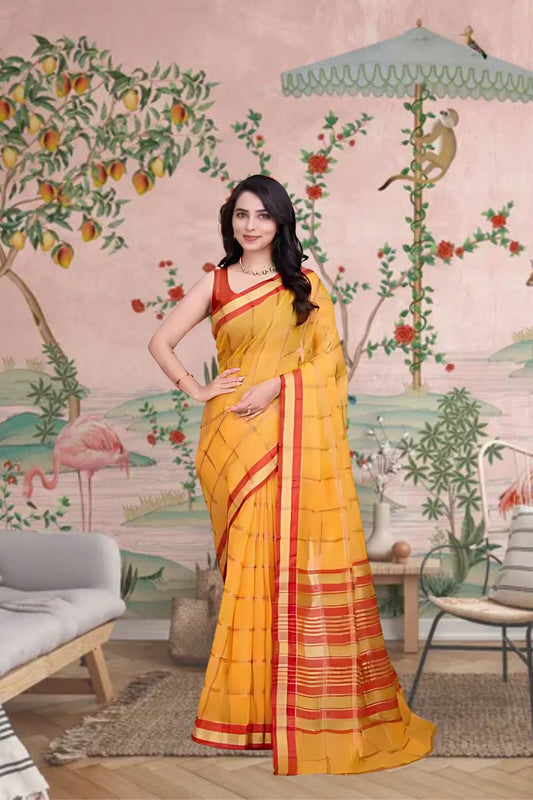  Front angle of yellow checkered saree glowing under palace light
